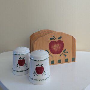 WOODEN APPLE VINTAGE SALT & PEPPER SHAKERS WITH HOLDER